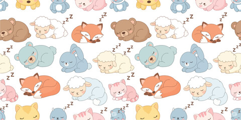 Adorable cartoon animals including bears sheep foxes and cats sleeping peacefully in a repeating pattern
