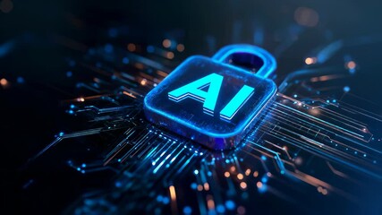 AI-powered cybersecurity concept with glowing digital padlock surrounded by circuit patterns and data streams. Features biometric scanning elements, multi-factor authentication, and encrypted data - Powered by Adobe