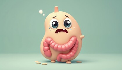 Cartoon illustration of sad gut character suffering from abdominal pain. Digestive system disease concept. Medicine, health, medical theme for presentations, blogs, articles. For medical infographics