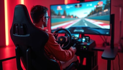 Man plays racing simulator video game with steering wheel. Modern racing cockpit with interface on big monitor, red neon lights. Entertainment, gaming, e-sports, virtual reality, leisure activity,