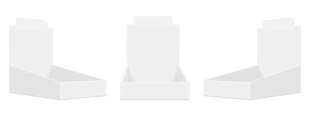 Realistic vector mockup of a blank cardboard display box in three different angles. Empty white packaging tray with backboard for branding, product placement, or retail presentation