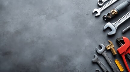 Flat layout of plumber tools on gray surface with open space for copy