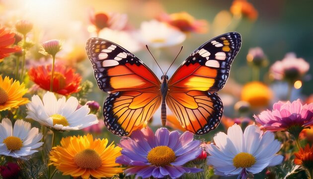 a vibrant butterfly dances among colorful flowers bathed in sunlight