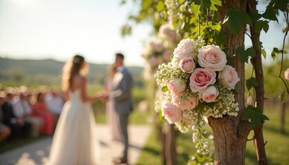 Wedding ceremony at vineyard. Bride groom exchange vows in front of guests. Romantic scene with flowers, natural lighting, outdoor celebration of marriage in garden. Wine tasting location for wedding.