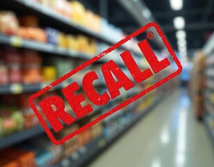 Blurred grocery store aisle with large red RECALL stamp. Sign informs product defect, possible safety, quality issues. Warning about contaminated, dangerous food at supermarket. Potential business,