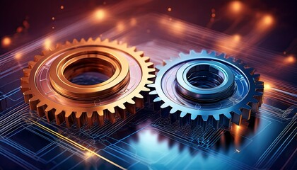 two interlocking gears in motion symbolize collaboration and innovation in the industrial sector