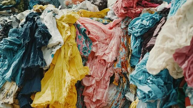 A large pile of colorful, crumpled fabric scraps