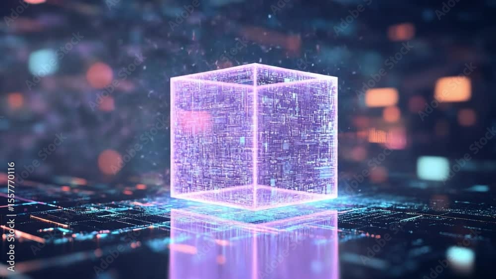 Aufkleber Digital Cube: A captivating digital cube glows, symbolizing innovation and technological advancement, surrounded by an ethereal glow and a vibrant background.