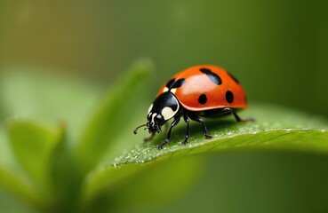 Fototapeta premium Seven-spot ladybird Coccinella septempunctata sits leaf. Vivid red elytra with black spots, black head and legs. Wildlife insect on green plant. Springtime macro photo.