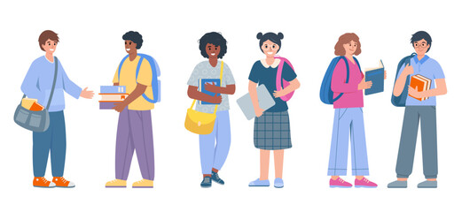 Fototapeta premium Set of students with books and bags. Smiling school teenage boys and girls, classmates or friends on white background. Education Vector illustration.