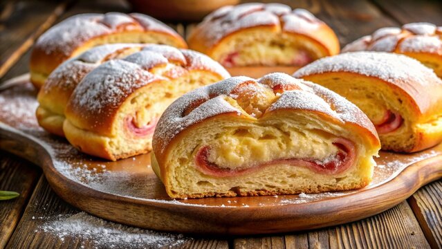 Puerto Rican mallorca sweet bread with powdered sugar and ham.