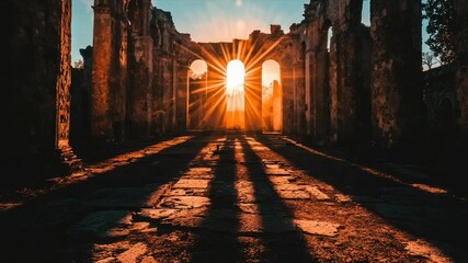 Sunburst through ancient stone ruins at sunset - Powered by Adobe