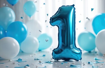 Festive first birthday party decor. Blue number one balloon surrounded by blue, white balloons, confetti. Celebration party for one year old boy or girl. Joyful holiday occasion.