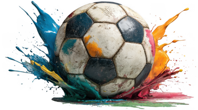 A worn soccer ball explodes in a vibrant burst of blue, orange, red, and yellow paint, isolated on transparent background
