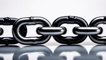 close up of a section of a black chain against a white background the shiny metal links create a strong visual