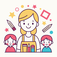 Cartoon Illustration of a Teacher with Two Students Surrounded by Colorful Shapes and Pencils in a Cute and Playful Style