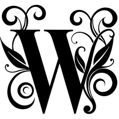 Decorative stylized letter W with floral elements, isolated vector image on transparent background