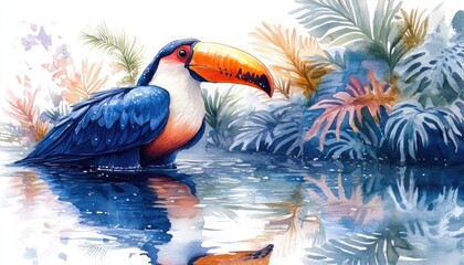 Toucan in tropical foliage by a pond. Vibrant watercolor style
