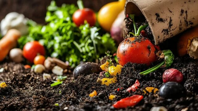 Compost bin overflowing with fresh vegetable scraps onto rich soil