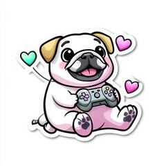 Naklejka premium Cute Adorable Pug Dog Gaming with Playful Heart Graphics in Colorful Design
