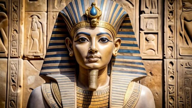 Detailed depiction of a pharaoh statue wearing Nemes headdress, golden ornaments and uraeus with blue jewel in front of a hieroglyphic wall.