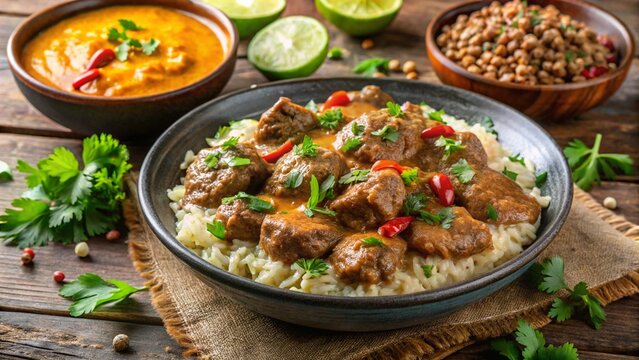 Ugandan katogo matoke with beef and peanut sauce.