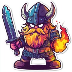 Fototapeta premium Fierce Cartoon Viking Warrior in Colorful Medieval Fantasy Adventure with Sword and Flame