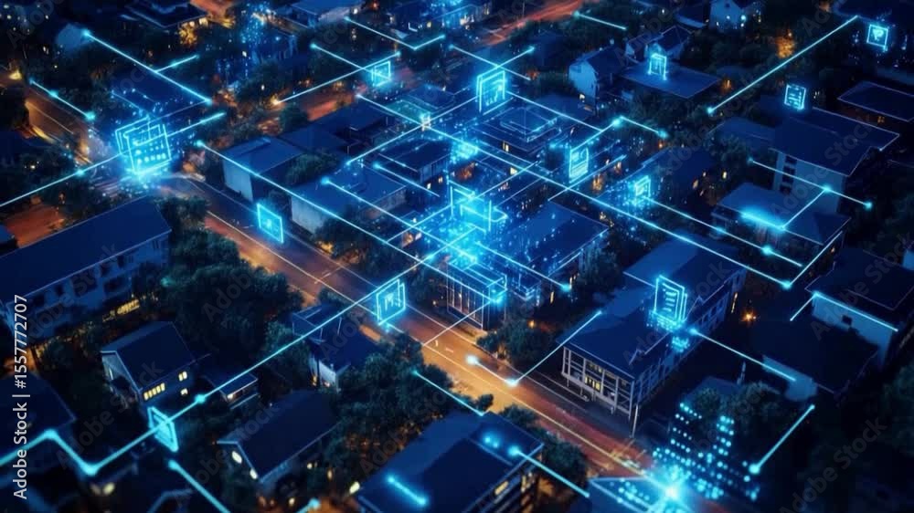 Aufkleber smart city network: illuminated cityscape representing advanced connectivity, showcasing a vision of