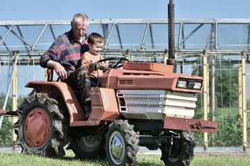 Fototapeta premium Grandfather and grandson riding a small orange tractor together in the countryside. The boy happily holds the wheel while grandpa guides him. Sunny day, bonding moment in rural setting.