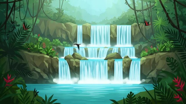 A jungle waterfall cascades into a pool surrounded by tropical plants and birds in flight
