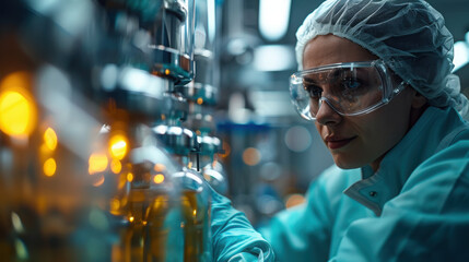 Lab technician monitors bioreactor vessels in a high-tech pharmaceutical production facility, highlighting the biotech aspect of bioreactor control and precision in modern drug manufacturing process..