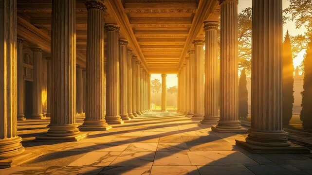 Sunlit classical colonnade with marble columns and a pathway