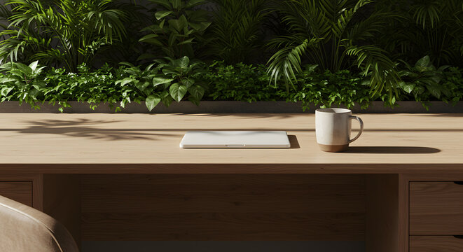 Work office desk biophilia nature plant calm focus break remote home workplace wellness health balance environment sustainability simplicity design coffee