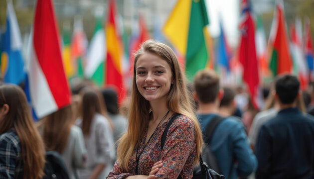 Happy international student at orientation event stands against flags. Multiethnic students meet, discuss, networking at college campus. Diversity, education, community inclusion.