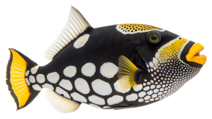 A colorful fish with a black body, white spots, and yellow accents. The fish has a distinct shape and vibrant colors, suitable for educational or decorative use.