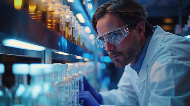 Lab technician monitors bioreactor vessels in a high-tech pharmaceutical production facility, highlighting the biotech aspect of bioreactor control and precision in modern drug manufacturing process..
