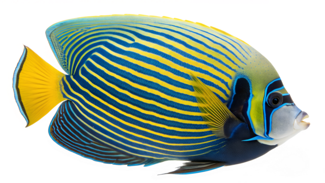 A vibrant Emperor Angelfish with blue and yellow stripes swims against a transparent background. The fish displays a rounded body and distinct facial markings.