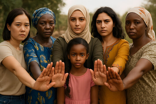 A powerful scene of six diverse women forming a protective barrier with their hands in front of a young girl, symbolizing unity, strength, and resistance against female genital mutilation.