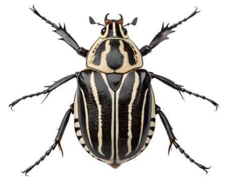 A detailed close-up of a black and white striped beetle on a transparent background. The beetle displays distinct patterns and features, showcasing its unique anatomy.