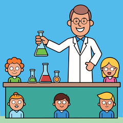 Cartoon Scientist Teaching Students in a Laboratory with Colorful Beakers and Flasks in a Fun and Educational Setting