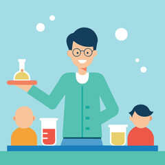 Scientist Teaching Students Chemistry with Beakers and Flasks Flat Vector Illustration for Educational Material and Science Concepts in a Bright and Colorful Design