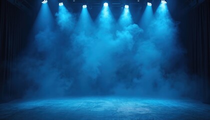 Empty stage bathed in blue light and smoke. Dramatic backdrop for presentations, performances, product showcasing. Perfect for live events concerts, theatre, club nights, music festivals, parties.
