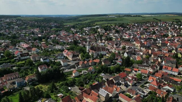 Aerial view of Grumbach Castle in Rimpar in summer with drone