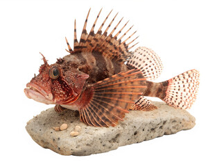 A scorpion fish with vibrant red and brown patterns rests on a rock. The fish has long spines and distinctive fins, showcasing its unique features against a transparent background.