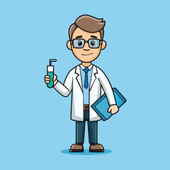 Cartoon Scientist Holding Test Tube and Clipboard on Light Blue Background Representing Research Healthcare and Scientific Advancement in a Simple Modern Style