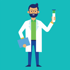 Cartoon Scientist Holding a Test Tube and File Isolated on a Teal Background Perfect for Medical Scientific and Educational Designs and Illustrations