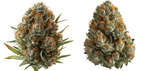 Two marijuana buds are isolated on transparent background, showcasing their vibrant green and orange hues and detailed texture