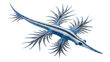 A blue sea slug with long, feathery appendages and a streamlined body. It has a transparent background, showcasing its unique shape and vibrant color.