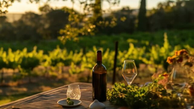 Set table with wine bottle, glasses, and dinnerware in a vineyard at sunset, ready for a special event footage.