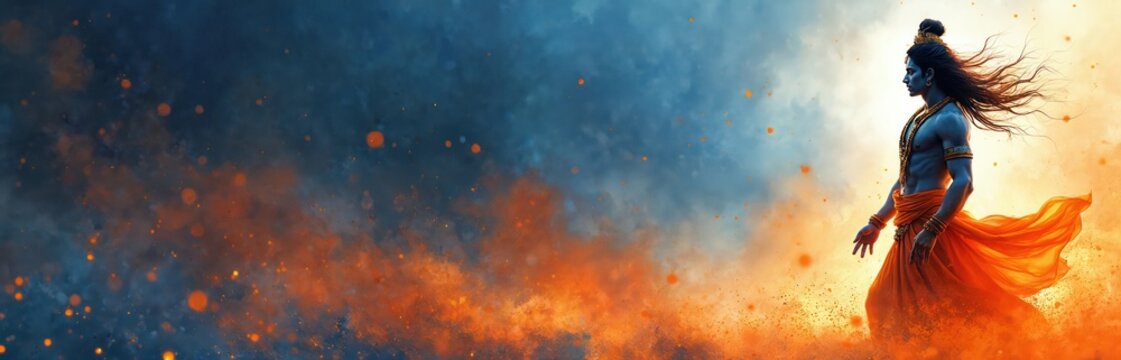 AI-generated watercolor painting of Krishna, divine warrior. Vibrant blue-orange hues. Abstract cultural art, minimalist composition. Hinduism themed illustration for spiritual marketing, UI design,